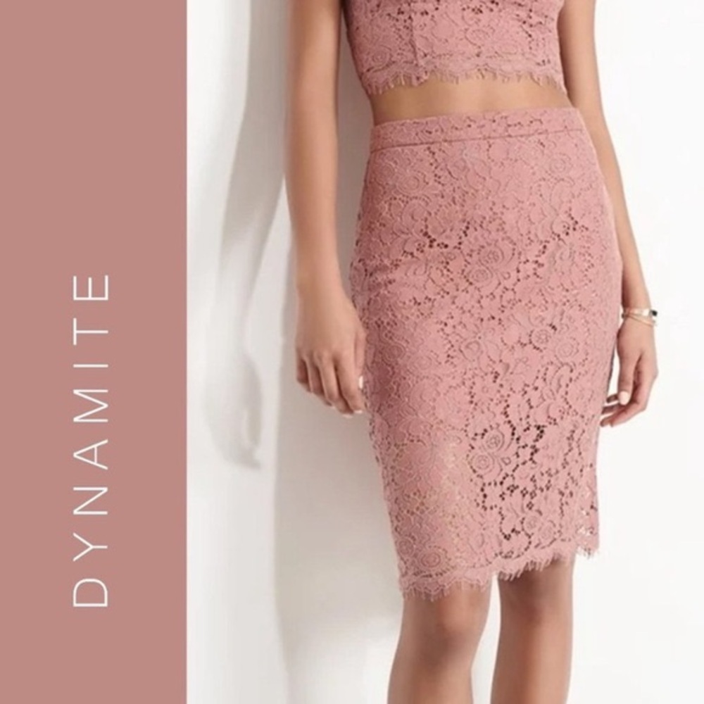 Dynamite Set of 2 Rose Lace layares lined Midi Pencil Skirt Lace Crop Top
